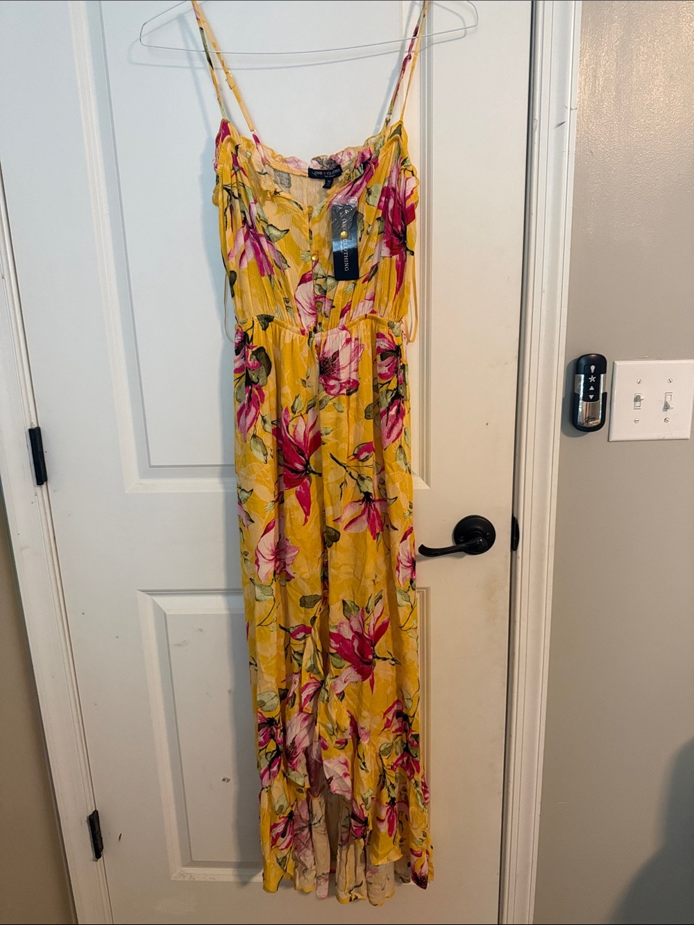 Yellow Floral Maxi Dress with Pink Accent